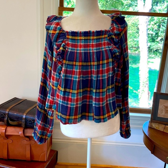 We the FREE  Womens Navy Plaid Long Sleeve
Square Neck Top Ruffle Sz XS. - Picture 2 of 8